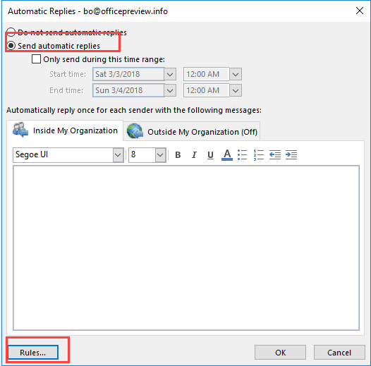 create out of office rules 