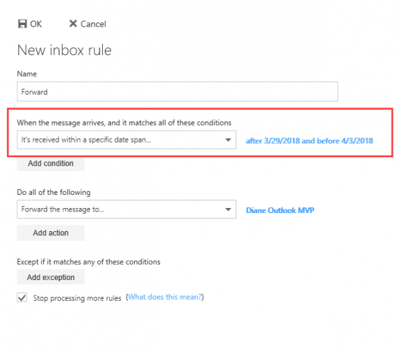 outlook on the web rules dialog