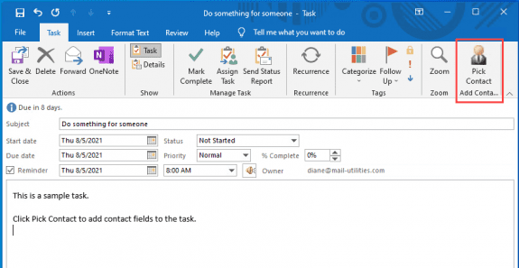 click a button to add contact info to a task