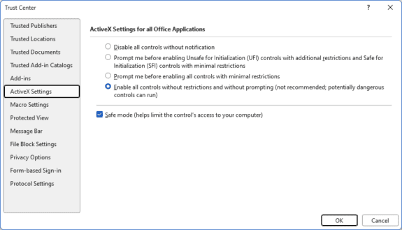ActiveX security settings in Word
