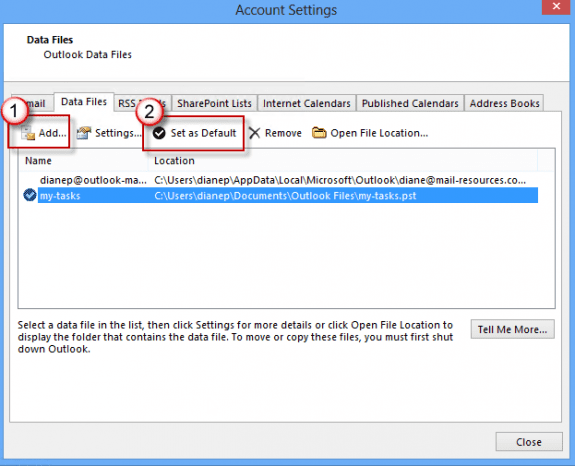 Add a pst to the profile and set it as default