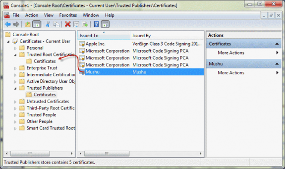 Drag the certificate to the Trusted Root certificate folder