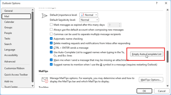 classic Outlook clear autocomplete