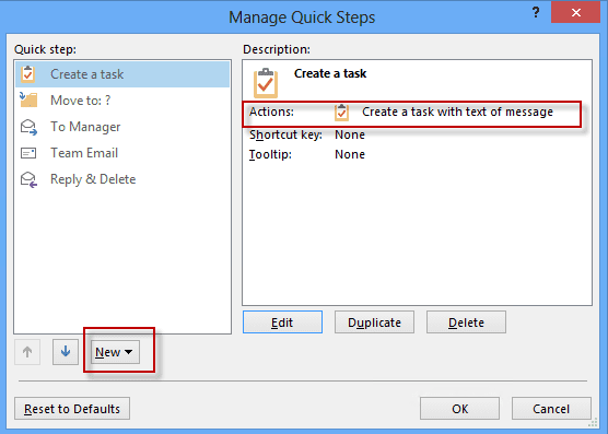 Create a task quick step