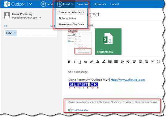 Insert attachment in Outlook.com email