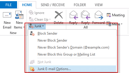 Select the junk email command to open the junk mail options dialog