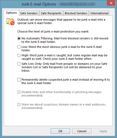 Configure the Junk email dialog