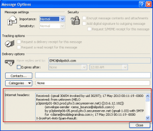 Internet Header in Message Options dialog