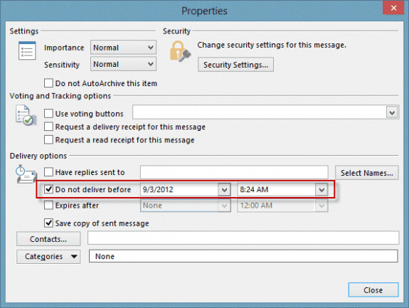 Set a later delivery time in Message Options