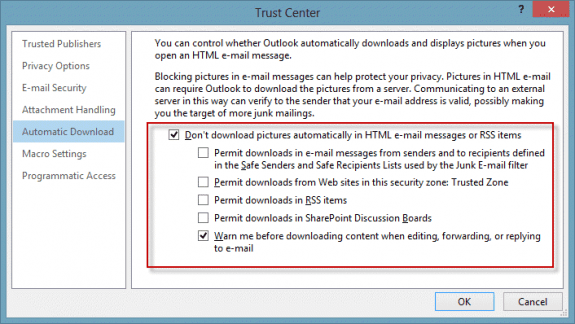 Do not download external content, even for trusted senders