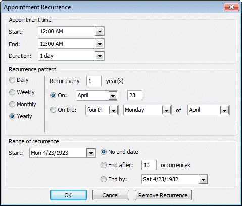 Recurrence options