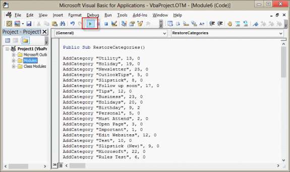 Add the formatted list to the AddCategories macro and run it