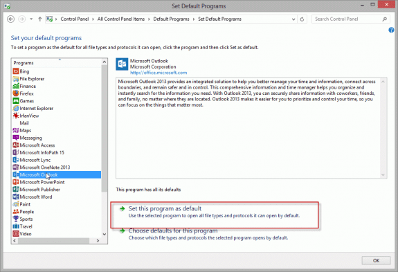 Set Outlook as your default email client