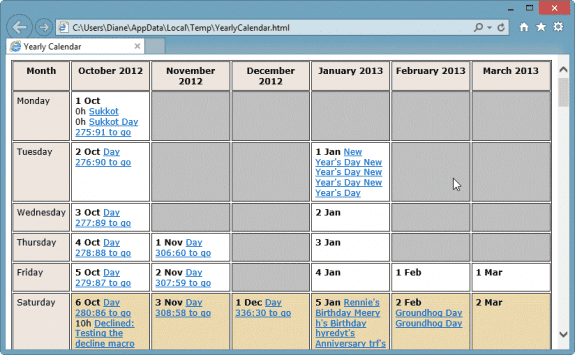 Arrange the calendar by date