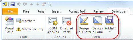 Design and Publish commands on the Developer ribbon