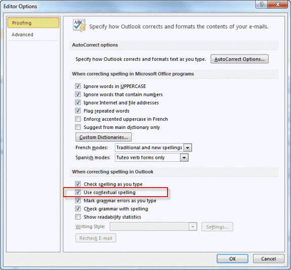 Disable Contextual spelling in Outlook