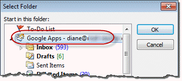 Select the top folder to start in Outlook Today