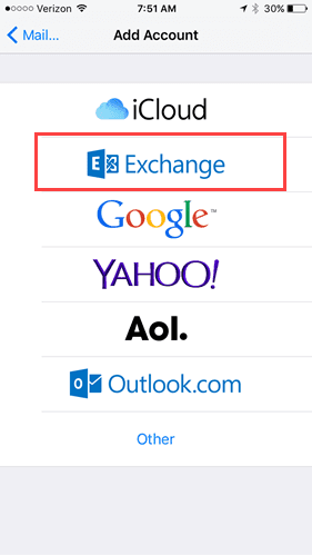 Choose Exchange account type