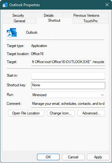 open outlook minimized