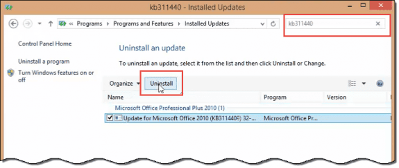select and uninstall the update