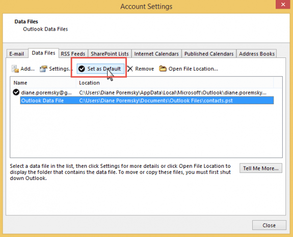 Set the data file as default