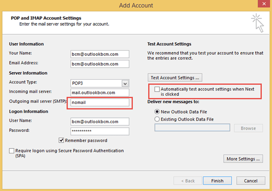 Create an account with a fake server name