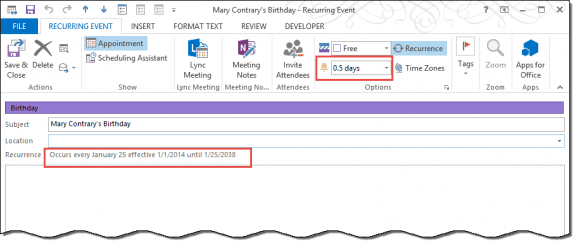 Create a birthday event for contacts in shared folders