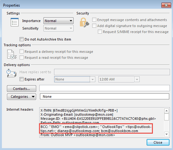 BCC addresses in the properties dialog