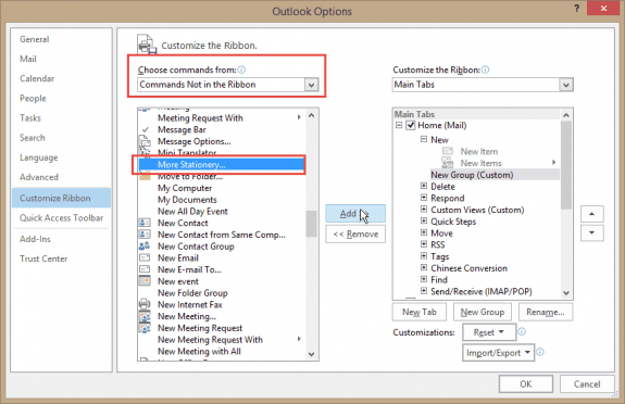 Add the More Stationery command to the ribbon