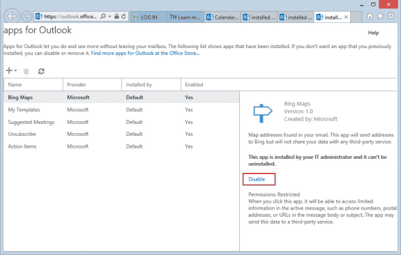 Click Disable to remove an app from Outlook