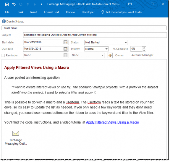 create a task from the selection