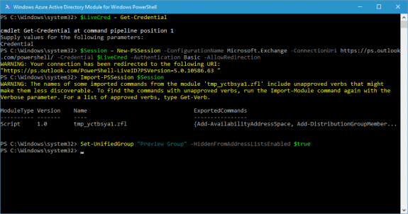 use powershell to hide a group from the gal