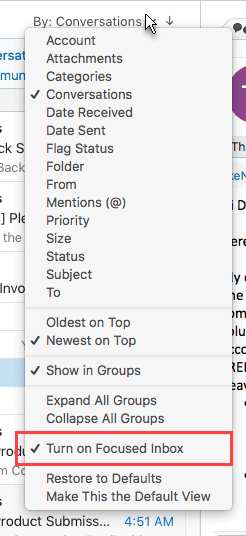 The menu on mac outlook