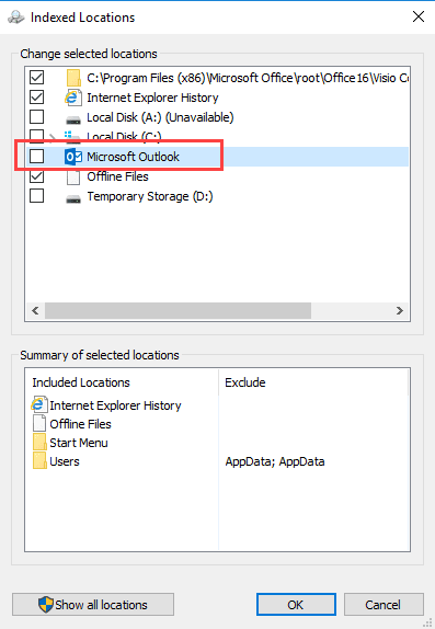 disable Instant Search in Outlook