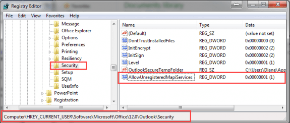 AllowUnregisteredMapiServices registry value