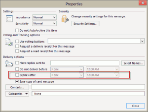 Set an expiration date on messages in the options dialog