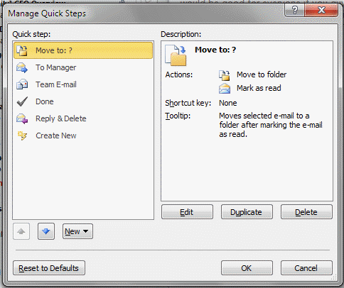 Manage Quick Steps dialog