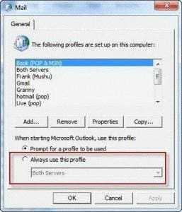 Prompt for Outlook profile dialog