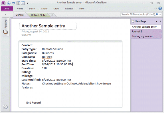 Sample printout of journal entry in OneNote