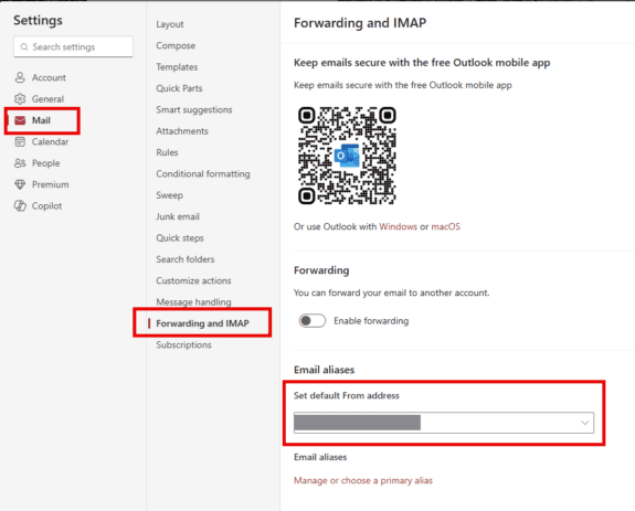 Set the default from address in outlook.com
